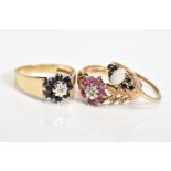 THREE 9CT GOLD GEM SET RINGS, to include a diamond and sapphire cluster ring with a 9ct hallmark for