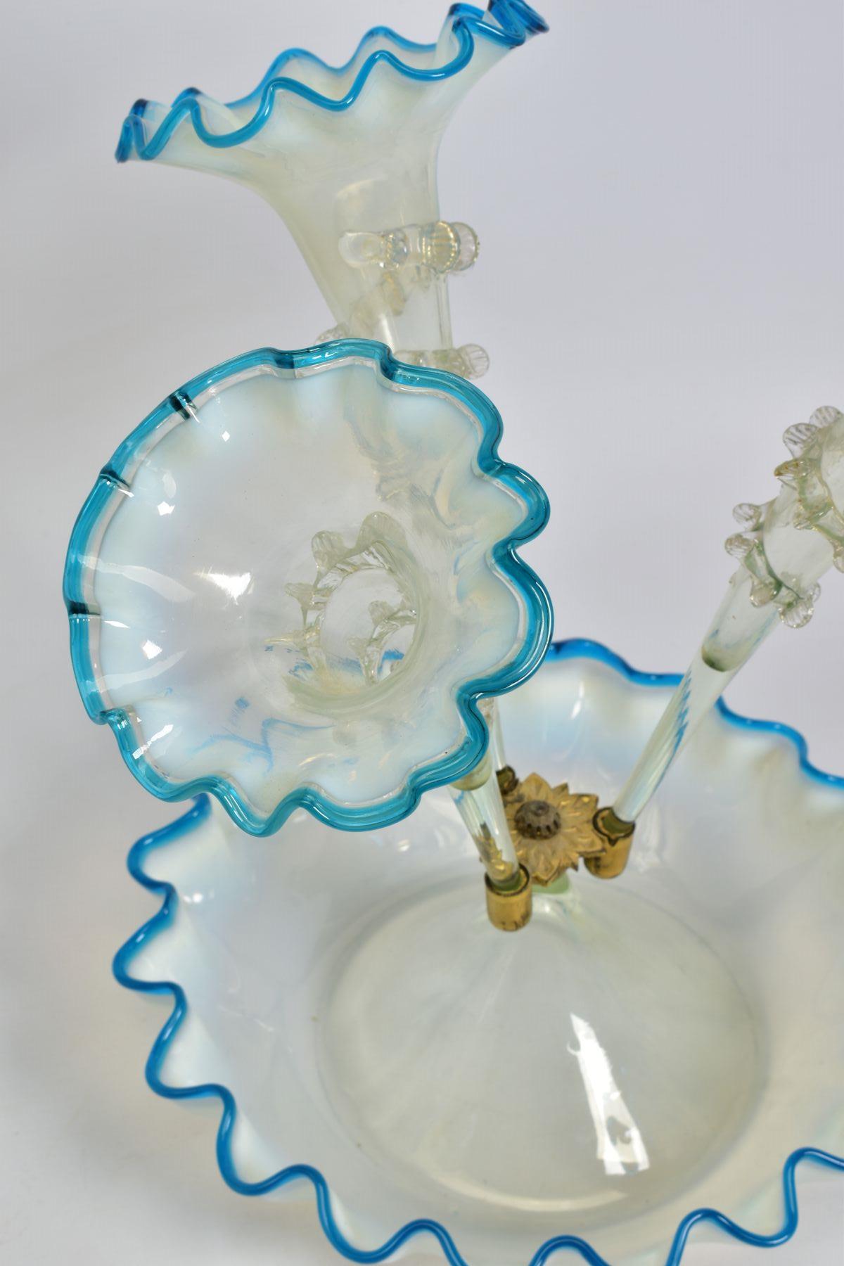 A LATE VICTORIAN BLUE, VASELINE AND CLEAR GLASS EPERGNE, three trumpets, frilled rims and with - Image 3 of 4