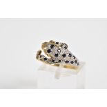 A 9CT GOLD SAPPHIRE AND DIAMOND RING, in the form of a leopard with the body set with circular cut