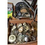 TWO BOXES OF PLATED WARES, STAINLESS STEEL, etc, to include baskets, cruet stands (some glass