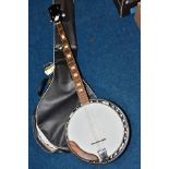 A MODERN UN-NAMED FIVE STRING BANJO, with mahogany body, rosewood fingerboard with block inlays, a