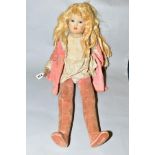 A CHAD VALLEY CLOTH DOLL c.1930 pressed felt head, glass eyes, blonde wig moulded features,