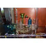 A GROUP OF MOSTLY VICTORIAN GLASSWARE, including Apothecary interest etc, a Wrythen glass funnel,