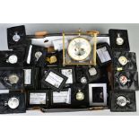 A BOX OF HERITAGE COLLECTION POCKET WATCHES, and their boxes, and a Dominion mantle clock