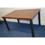 A MODERN PLANK OAK STYLE DINNING TABLE, on metal cylindrical legs, width 130cm x depth 90cm x height