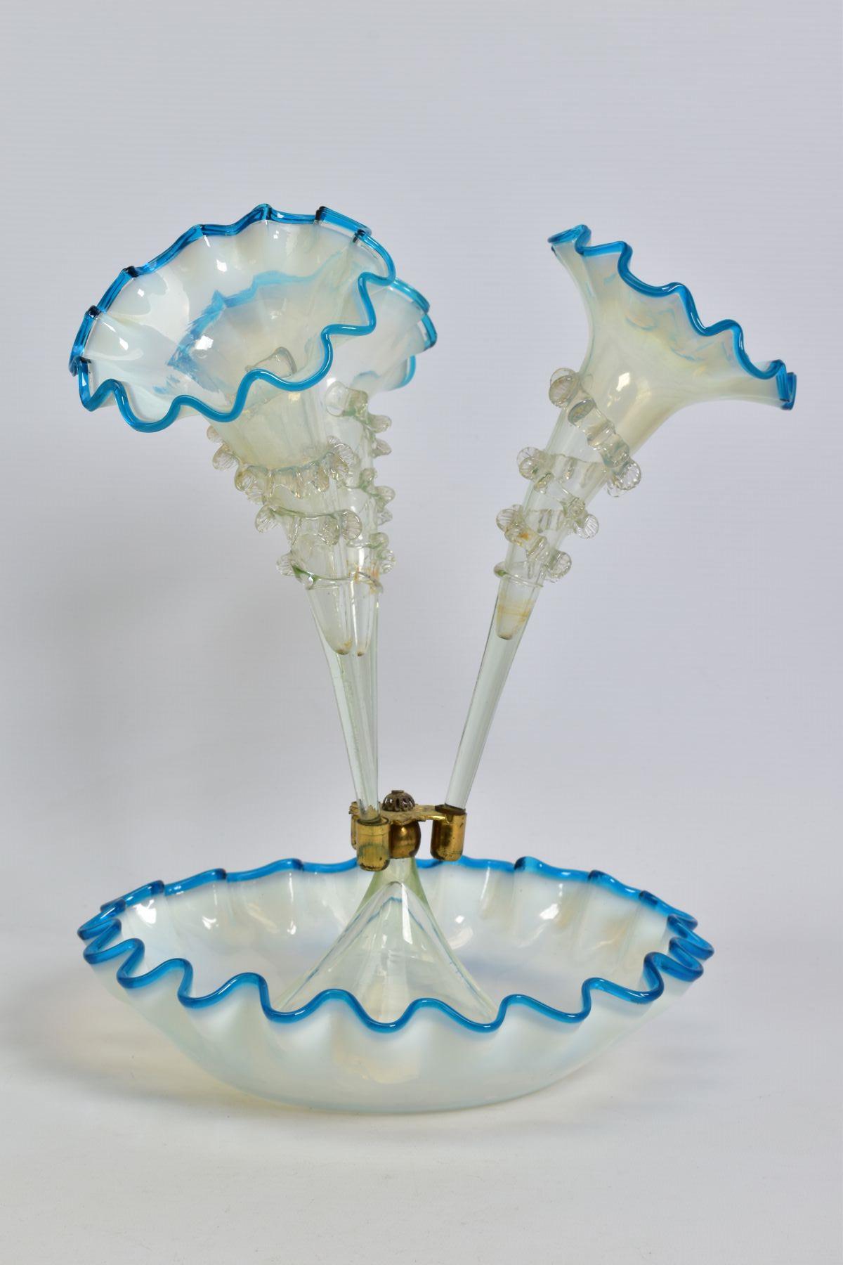 A LATE VICTORIAN BLUE, VASELINE AND CLEAR GLASS EPERGNE, three trumpets, frilled rims and with - Image 2 of 4