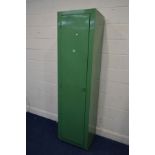 A TALL SLIM GREEN PAINTED TIN LOCKER, approximate width 54cm x depth 49cm x height 206cm