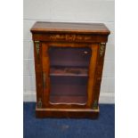 A LATE 19TH CENTURY WALNUT, ROSEWOOD BANDED AND FOLIATE INLAID GLAZED PIER CABINET, with brass