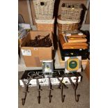 A BOX OF IRON LETTER COAT HOOKS, four various wicker baskets/laundry bins, a boxed wooden coat