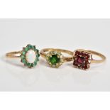THREE 9CT GOLD GEM SET CLUSTER RINGS, to include an oval cut opal with a circular cut emerald
