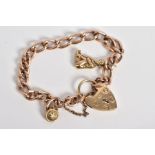 A 9CT GOLD CHARM BRACELET, the curb link chain with each link stamped 9.375, suspending two