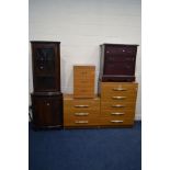 A MODERN CHEST OF FIVE LONG DRAWERS, together with a matching three drawer chest, another similar