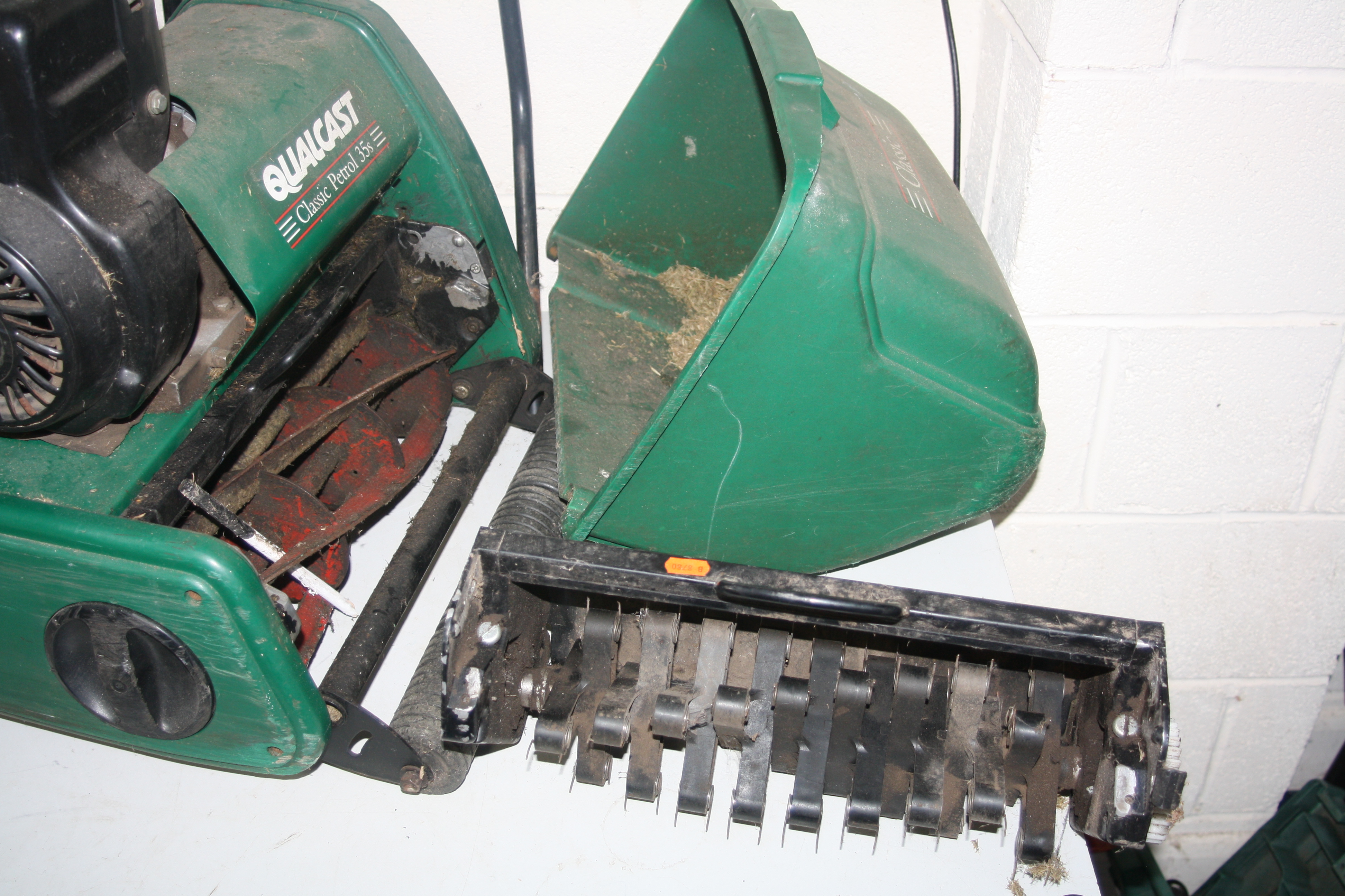 A QUALCAST CLASSIC PETROL 35S LAWN MOWER, (engine turning) with grass box and scarifier - Image 3 of 3