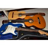 TWO STUDENT CLASSICAL GUITARS AND A STRAT TYPE GUITAR, comprising a BM Classico, an Encore RCG50N
