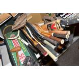 A WOODEN AND CARD CASED JOHN JAQUES & SON LTD CROQUET SET, together with seven tennis racquets,