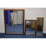 A LARGE MODERN PINE FRAMED WALL MIRROR, 135cm x 104cm, together with two other wall mirrors (3)