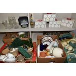 FIVE BOXES OF KITCHEN CERAMICS AND GLASSWARE, etc, including green glazed Denby dinnerwares and an
