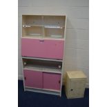 A CREAM AND PINK KITCHEN CABINET, width 92cm x depth 41cm x height 178cm, together with a metal meat