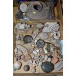 TWO BOXES OF MIXED ANCIENT ROMAN MISCELLANEOUS ITEMS, to include knapped flint tools, axe heads,