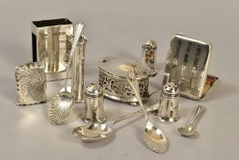 A GROUP OF SILVER CONDIMENT AND SMOKING ITEMS, etc, including an Edwardian silver vesta case of wavy