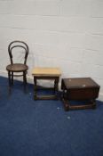 A SMALL OAK DROP LEAF OCCASIONAL TABLE together with an oak draw leaf occasional table (