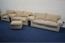 A BEIGE UPHOLSTERED FOUR PIECE LOUNGE SUITE, comprising two sized two seater settees, width 195cm