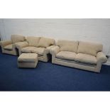 A BEIGE UPHOLSTERED FOUR PIECE LOUNGE SUITE, comprising two sized two seater settees, width 195cm