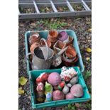 TWO TRAYS OF SMALL COMPOSITE GARDEN FIGURES, terracotta and glazed plant pots along with a