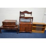 A MODERN MAHOGANY COFFEE TABLE with three drawers, width 120cm x depth 60cm x height 47cm together