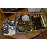 A BOX OF METALWARE AND LOOSE, including Piquot Ware four piece tea service and trays, brass footed
