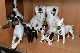 A GROUP OF CERAMIC DOG FIGURES comprising Beswick Bull Terrier 'Romany Rhinestone' No970, white,