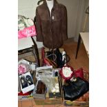 AN 'EHELIUM' LADIES BROWN SUEDE CAR COAT, size 16, with side pockets, two boxes of handbags,