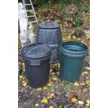 A PLASTIC COMPOSTING BIN and two dustbins