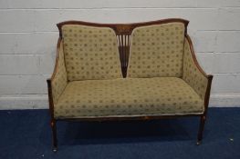 AN EDWARDIAN MAHOGANY TWO SEATER SOFA with string inlay with a foliate central inlay and more recent