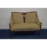 AN EDWARDIAN MAHOGANY TWO SEATER SOFA with string inlay with a foliate central inlay and more recent