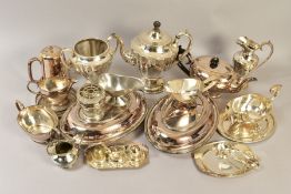 A BOX OF SILVER PLATE, etc, including a pair of oval entree dishes and covers, various sauce