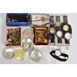 SIX SILVER WRISTWATCHES, two on fabric straps, two 9ct gold on silver expanding watch bracelets, a