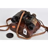 A PAIR OF MILITARY STYLE BINOCULARS IN BROWN LEATHER CASE, branding has an anchor with initial D and