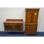 A REPRODUCTION YEWWOOD SERPENTINE TWO DOOR CABINET, with a brushing slide, single drawer and
