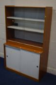 A MID TO LATE 20TH CENTURY TEAK AND WHITE TWO SECTION BOOKCASE, width 101cm x depth 45cm x height