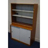 A MID TO LATE 20TH CENTURY TEAK AND WHITE TWO SECTION BOOKCASE, width 101cm x depth 45cm x height