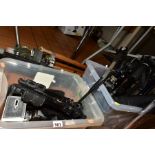 TWO TRAYS CONTAINING CAMERA TRIPODS AND MONOPODS, including Manfrotto, Slik, Jessops Velbon and a