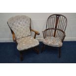AN ERCOL CHAIRMAKERS WINDSOR ARMCHAIR with a removable cushion together with a German oak