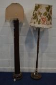 A LATE VICTORIAN MAHOGANY COLUMN STANDARD LAMP with a shde, height 82cm, together with another