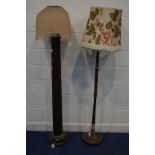 A LATE VICTORIAN MAHOGANY COLUMN STANDARD LAMP with a shde, height 82cm, together with another