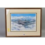 A GLAZED FRAMED PRINT, approximately 57cm x 47cm of a WWII era Lancaster Bomber, originally