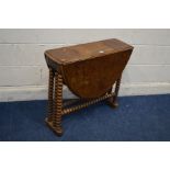 A VICTORIAN BURR WALNUT OVAL TOPPED SUTHERLAND TABLE, on bobbin turned legs and stretchers, open