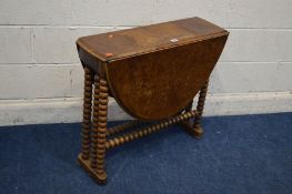 A VICTORIAN BURR WALNUT OVAL TOPPED SUTHERLAND TABLE, on bobbin turned legs and stretchers, open