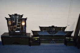 A VERSACE STYLE TWO PIECE BEDROOM SUITE, with an ebonised and marble effect finish, comprising a