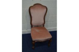 A VICTORIAN WALNUT PINK UPHOLSTERED CHAIR on scrolled front legs